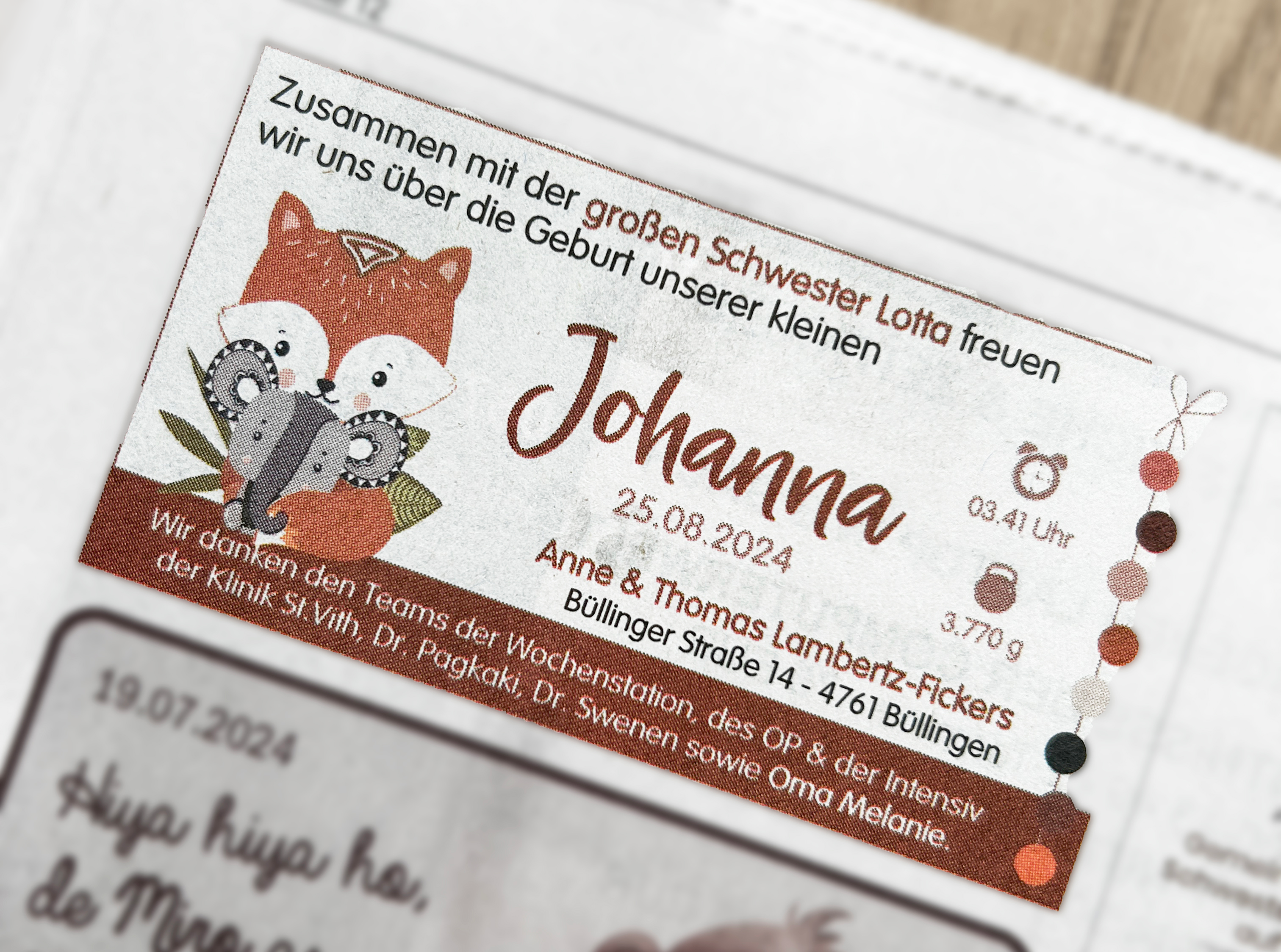 Geburtsanzeige – LAMBERTZ Johanna